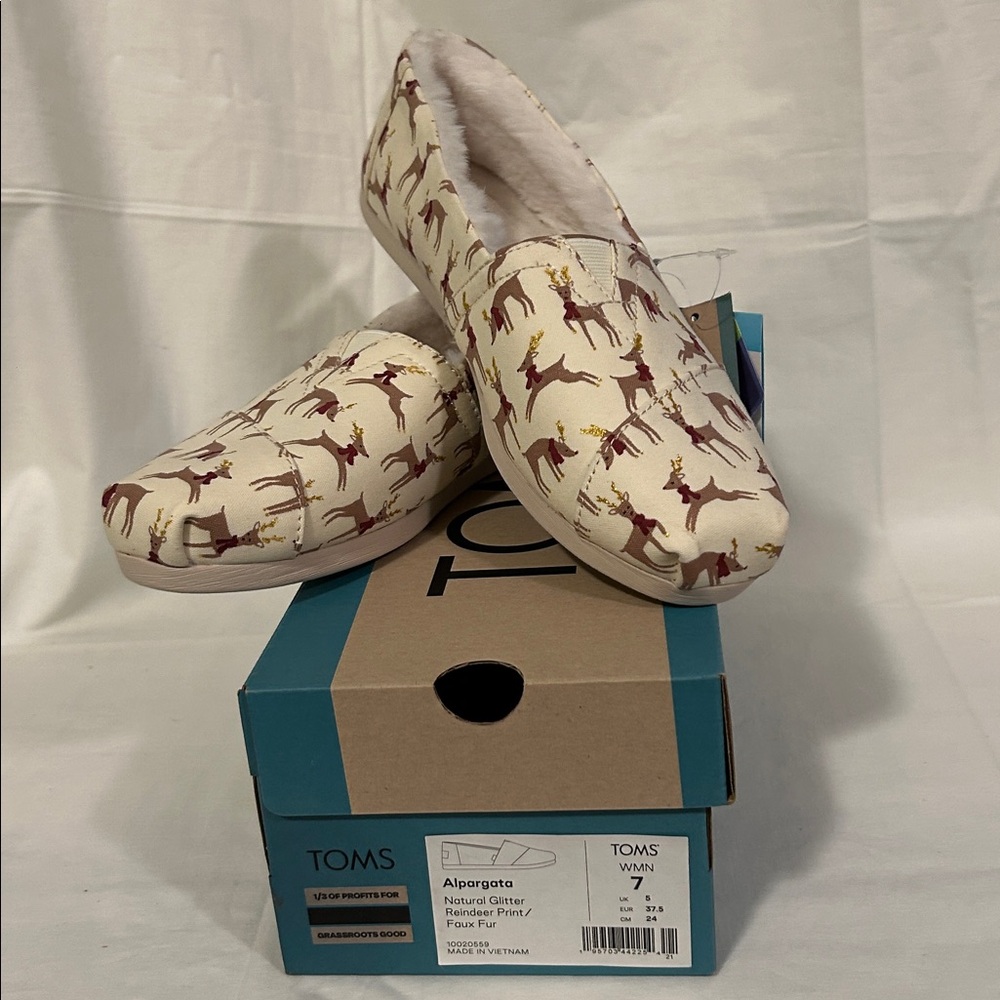 Toms Alpargata Slippers Natural Glitter Reindeer Print/Faux Fur Size 7 NWT/Box